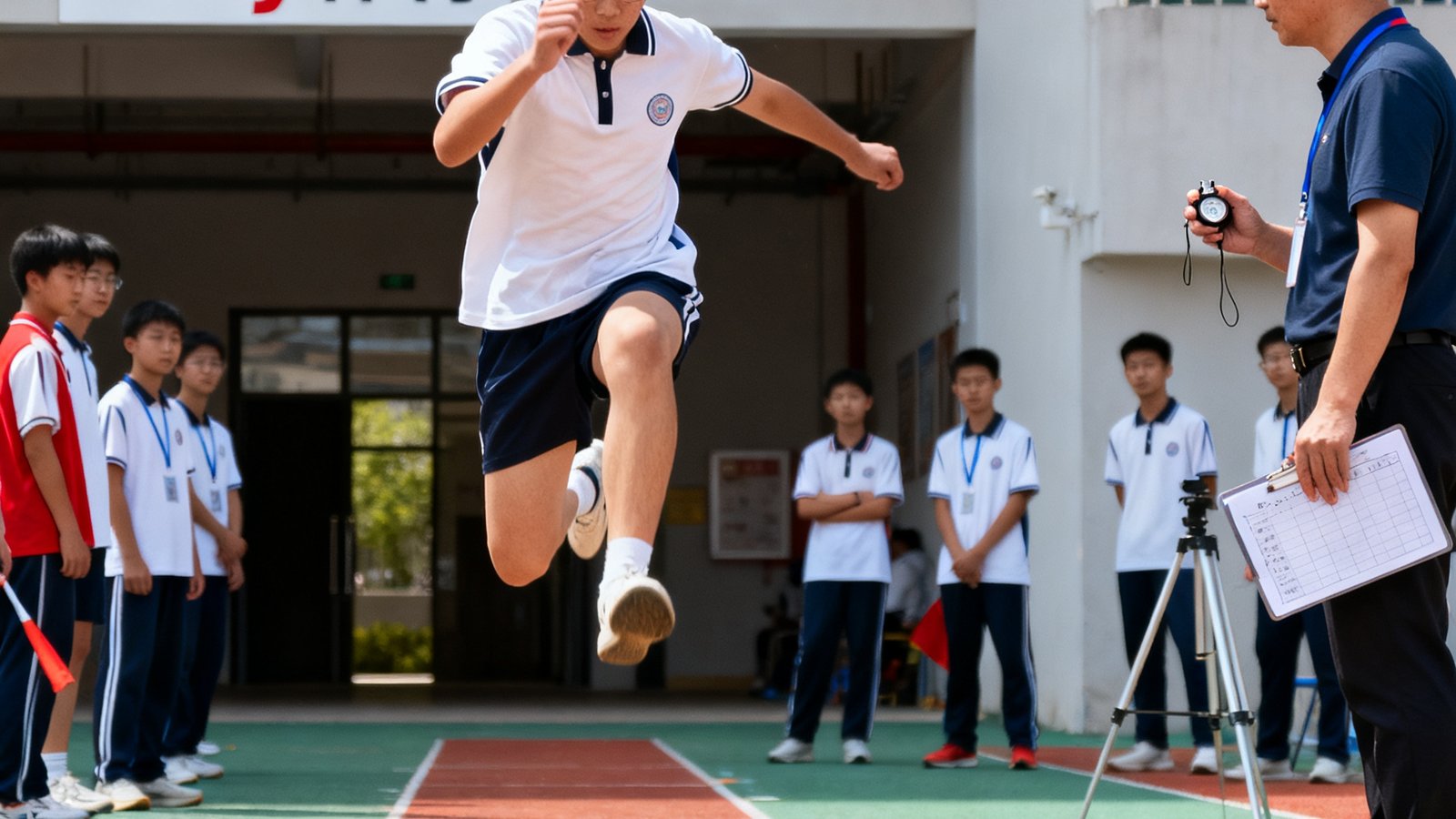 zoty体育组织的模拟中考体育全真测试场景，学生在标准场地按照正式考试流程依次完成各项目，裁判员严格计时记录成绩。