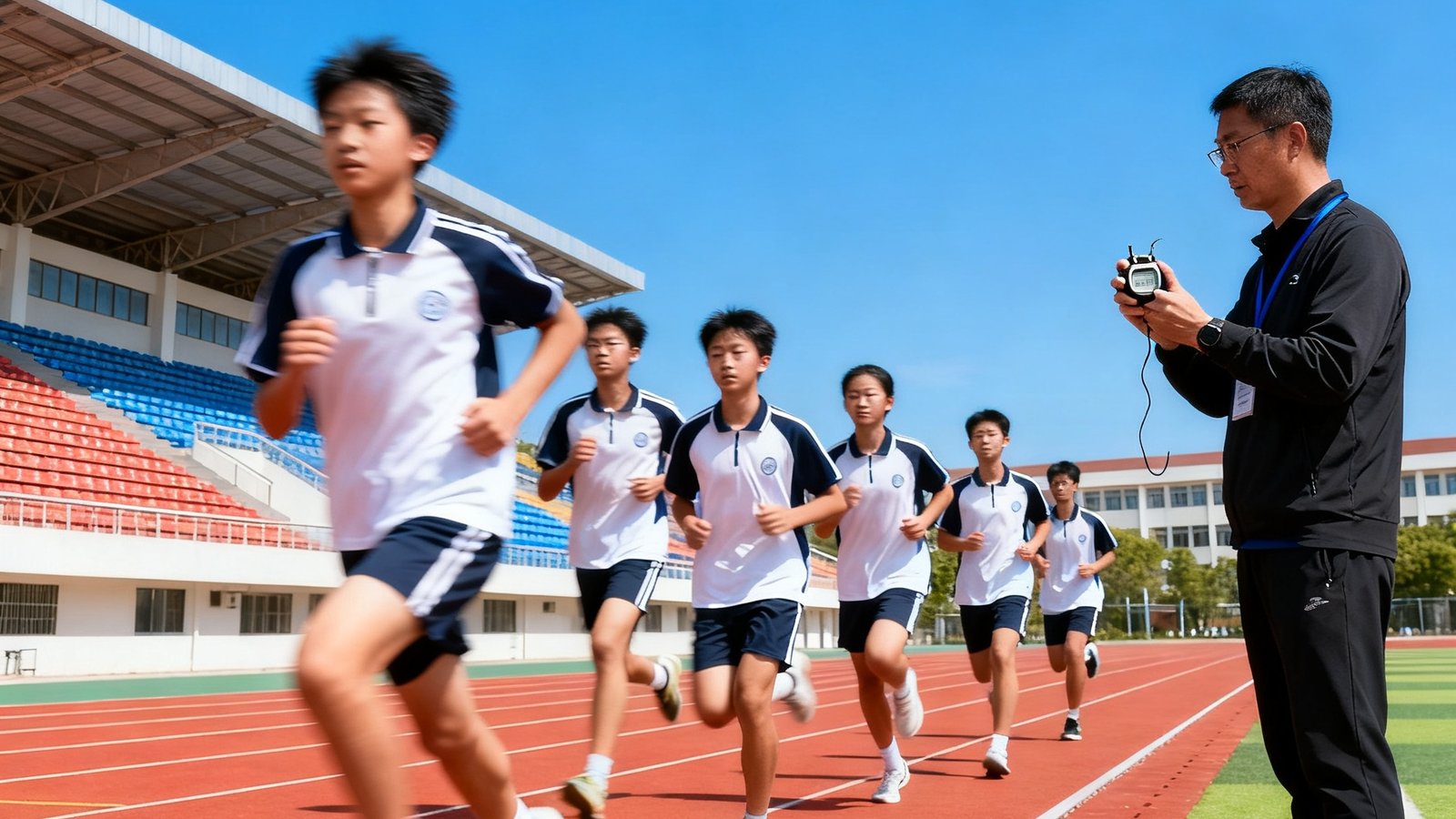 一群身穿专业运动服的初三学生在标准塑胶跑道上进行1000米耐力跑训练，教练手持秒表在旁记录成绩，背景是明亮的蓝天和校园操场看台。