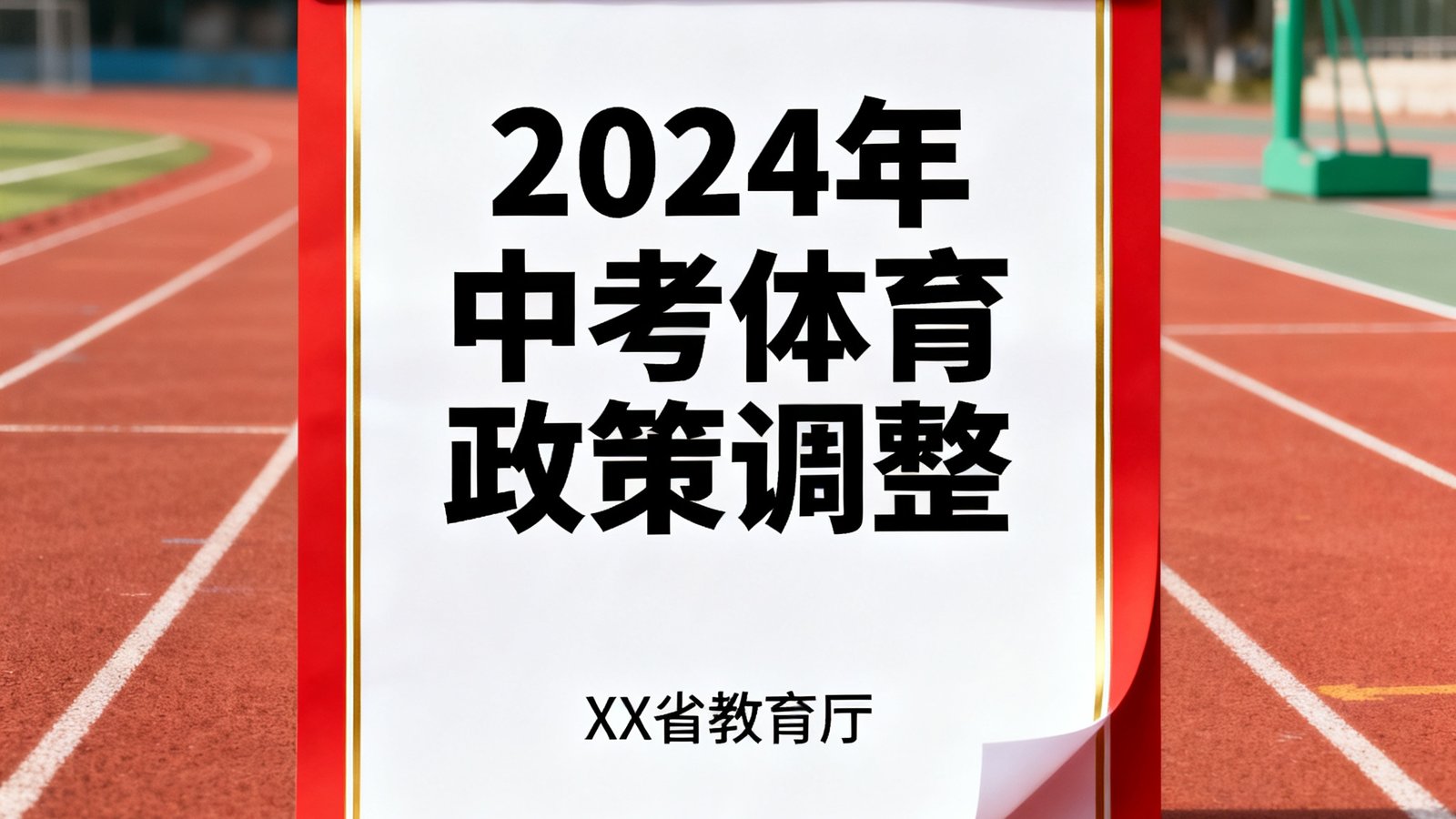 一篇关于2024年中考体育政策调整的新闻配图，画面中展示了红头文件与运动场地背景的合成画面，突出政策权威感。
