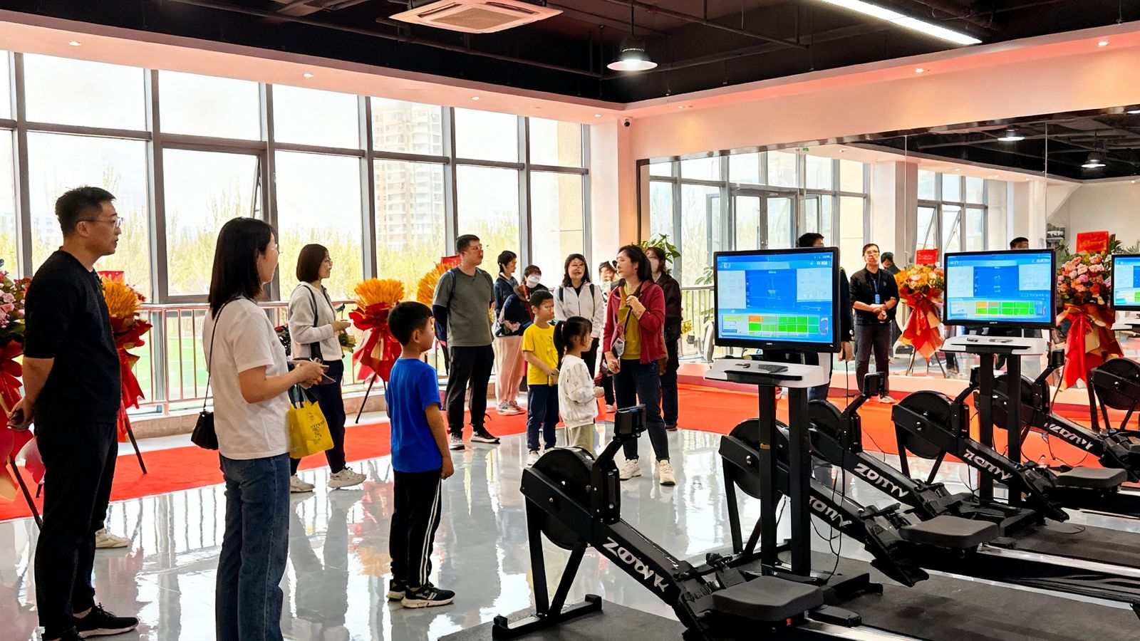 zoty体育北京通州新校区开业仪式现场，家长和学员正在参观宽敞明亮的室内训练馆，馆内配备了全新的训练器材和电子测评设备。