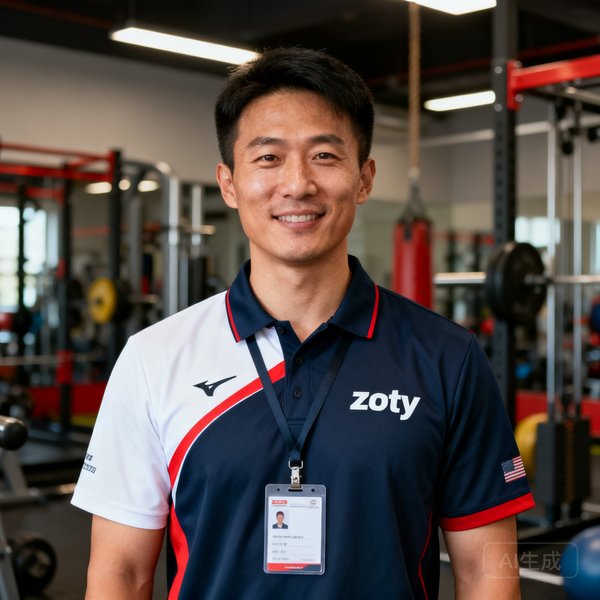 刘教练半身肖像照，他身穿zoty体育教练制服，胸前佩戴工作牌，背景为训练馆内专业器材区域，表情专注而亲和。